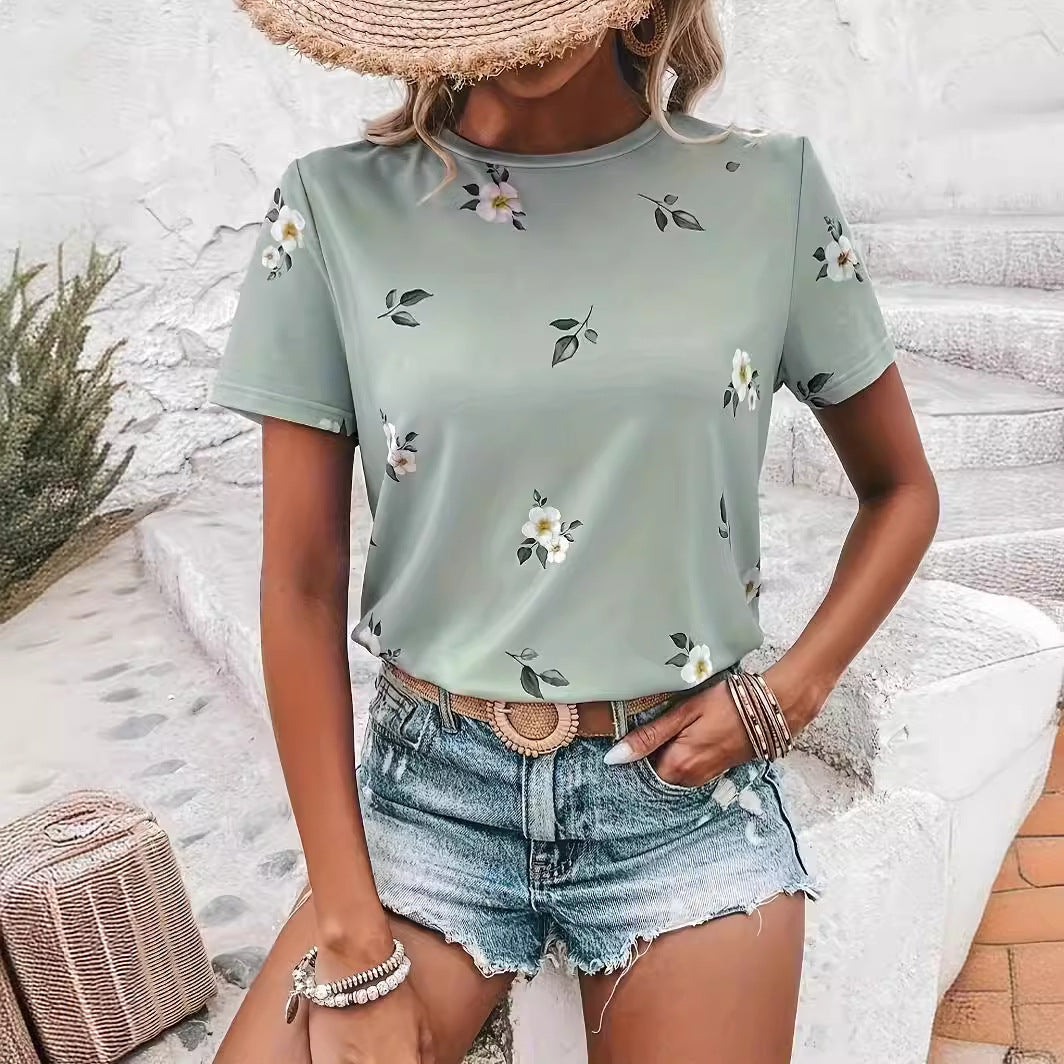 Cross-border European And American Women's Floral Print Short Sleeve Round Neck T-shirt