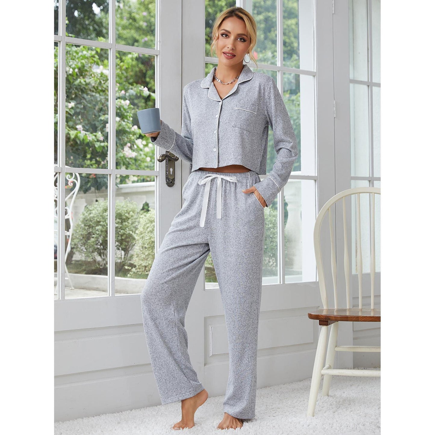 Women's Thickened Long-sleeved Cardigan Trousers Two-piece Set