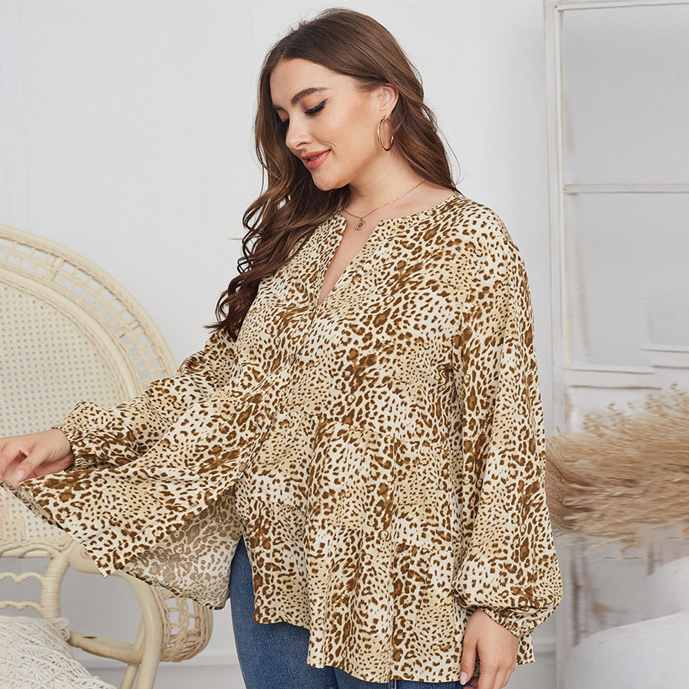 Original Design Plus Size V-neck Print Top Long Sleeve Shirt