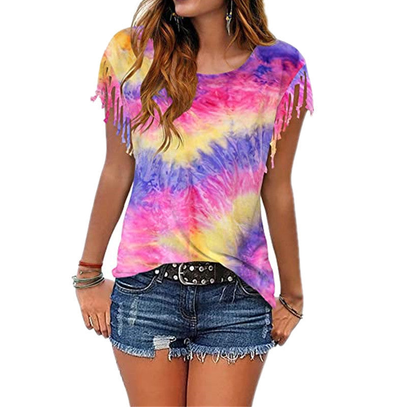 Tie-dye burnt tassel short sleeves