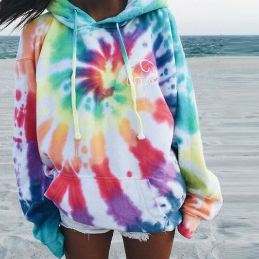 Printed tie-dye long-sleeved hooded sweatshirt