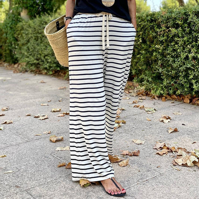 High Waist Striped Printed Casual All-matching Wide Leg Straight-leg Pants Women