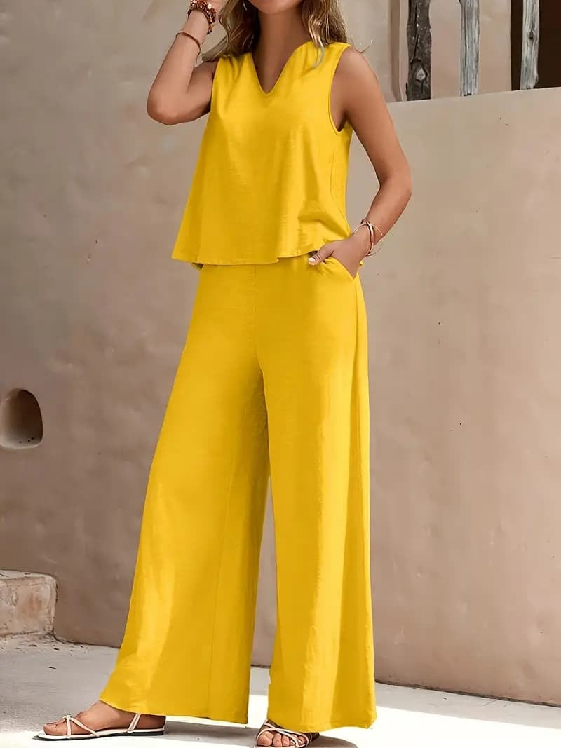 Solid Color Summer Slacks Suit, V-neck Vest And Wide-leg Pants Outfit