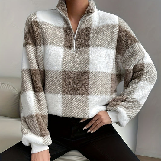 Women's Buffalo Plaid Off-shoulder Half Zipper Sweater