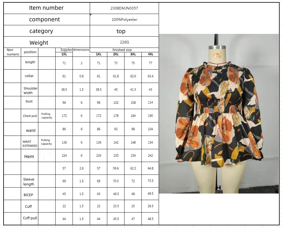 European And American Fashion Commuter Style Shirt Ruffled Collar Printed Long-sleeved Shirt For Women