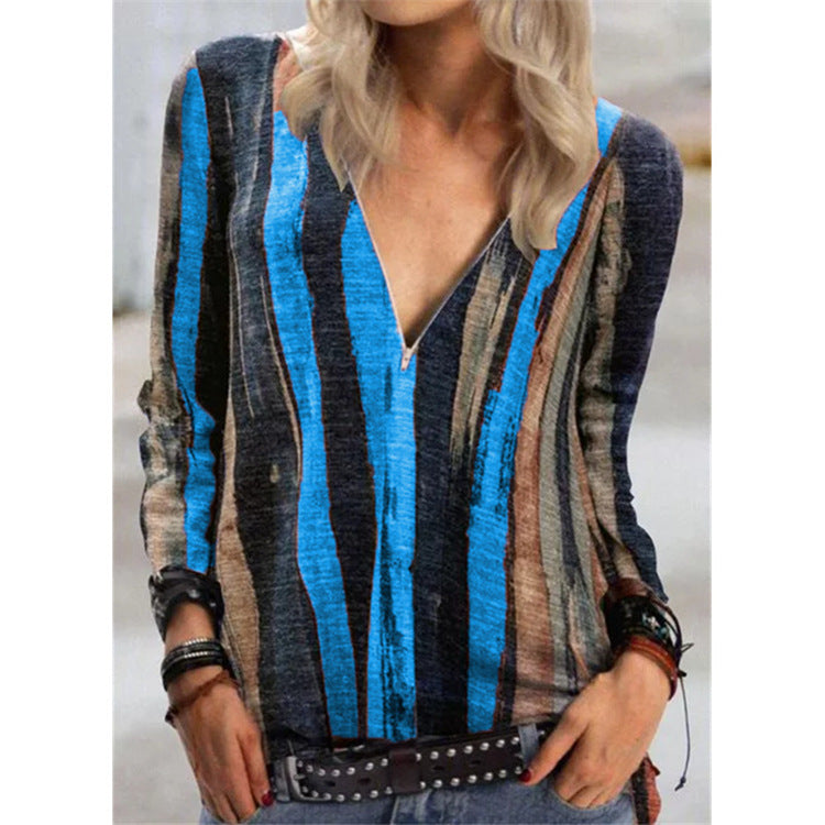 Tie-dye striped printed long-sleeved T-shirt V-neck zipper top women