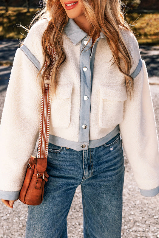 White Contrast Trim Buttoned Sherpa Jacket