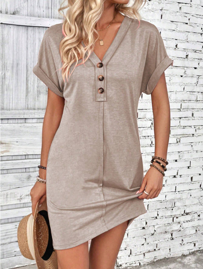 Women's Fashion Buckle V-neck With Shoulder Roll Sleeve Dress