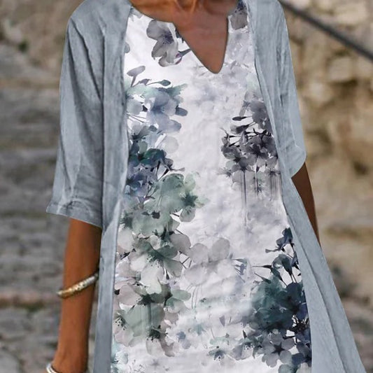Women's Linen Pullover Print Loose Retro Chiffon Coat Dress Two-piece Set