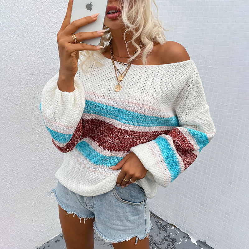 Amazon Sweater Rainbow Striped Off-shoulder Sweater For Women