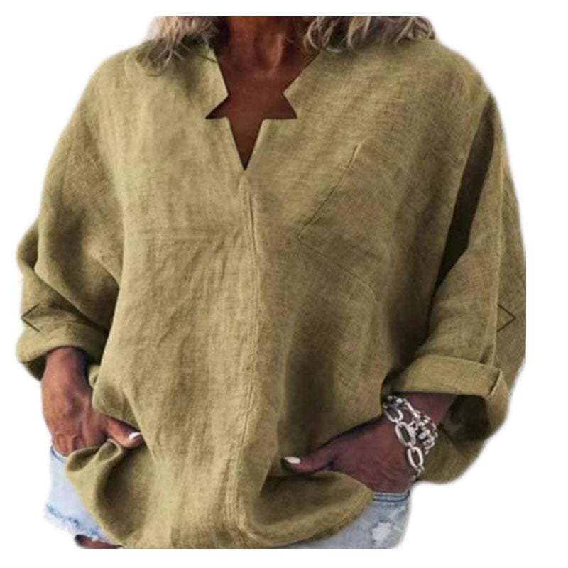 Solid Color Cotton And Linen Plus Size Long Sleeve Pullover Urban Leisure Mid-length V-neck Shirt