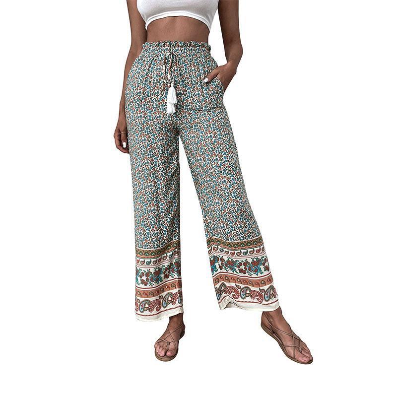 New Retro Women's Green Printing Loose Wide-leg Pants