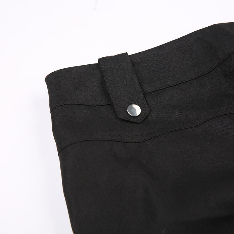 High Street Pocket Ribbon Stitching Straight Black Woven Pants