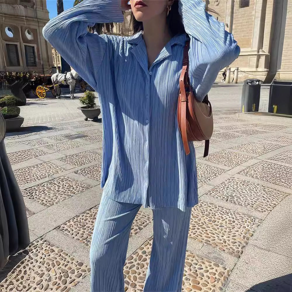 Pleated Design Shirt Outfit Straight-leg Trousers Loose Drooping Two-piece Set