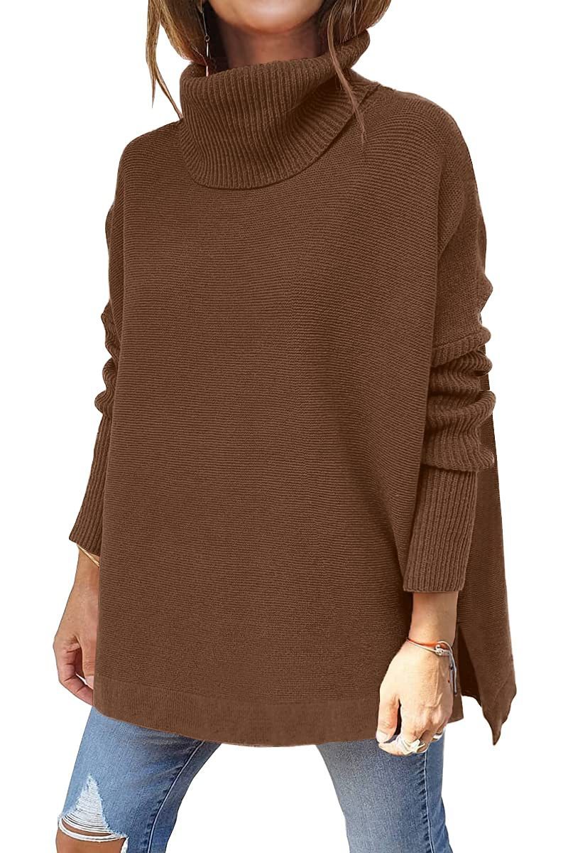 Turtleneck Sweater Mid Length Batwing Sleeve Slit Hem Tunic Pullover Sweaters Winter Tops Women Clothing
