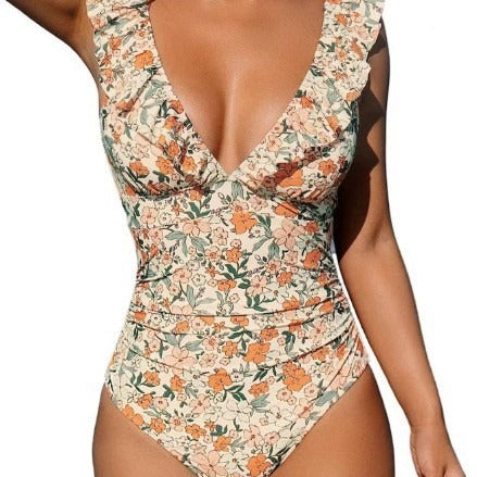 Belly One-piece V-neck Flounce Lace-up Multi-color Women's Swimsuit