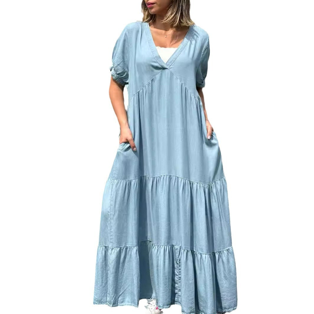 European And American Plus Size Women's Clothes Faux Denim Solid Color And V-neck Long Dress