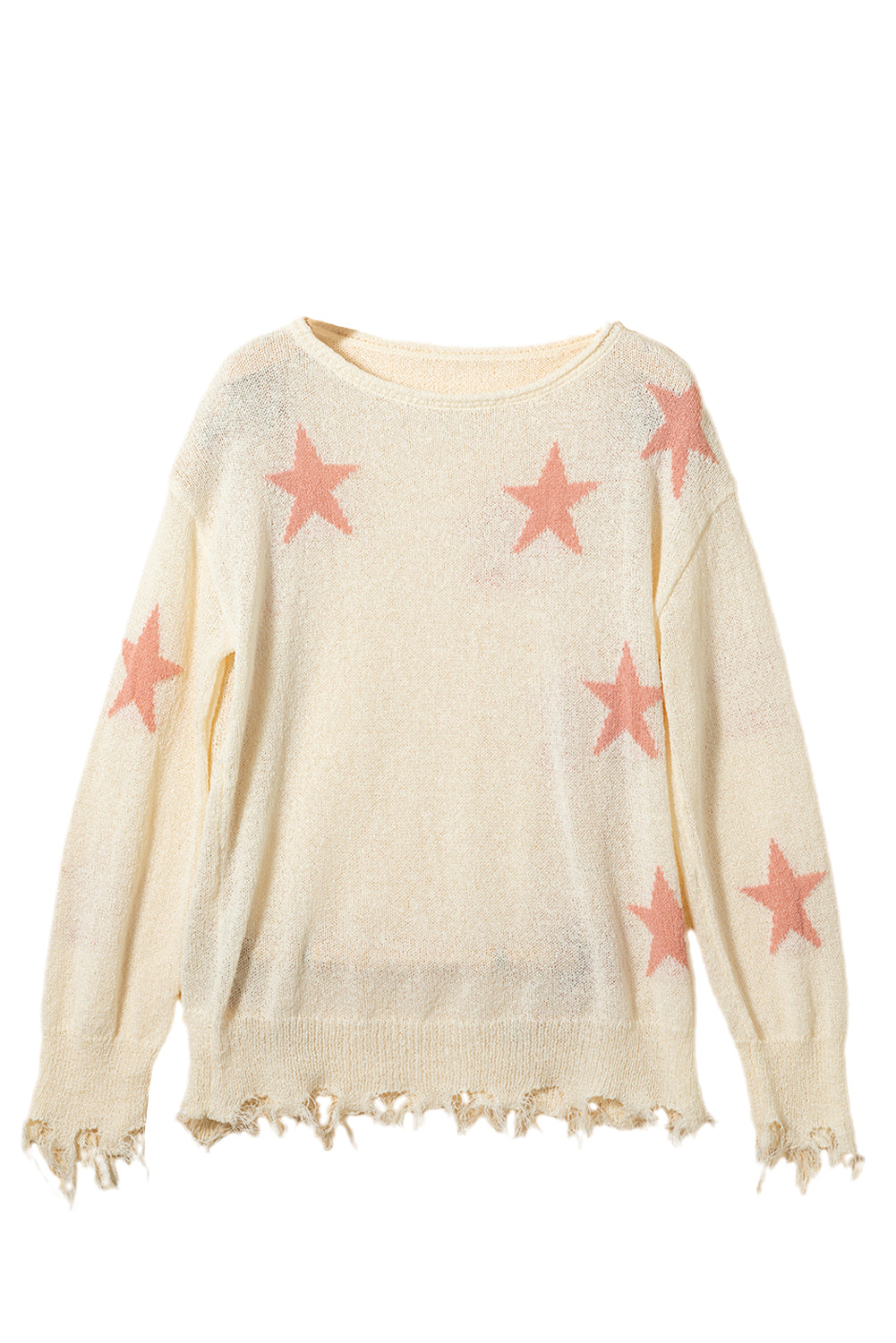 Beige Starry Long Sleeve Raw Hem Sweater