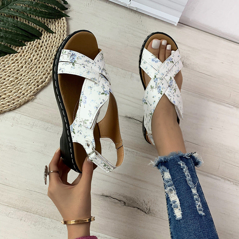 Ethnic Style Flower Frint Sandals Women Low Heel Velcro Beach Shoes Summer