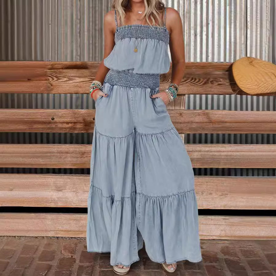 Lady Temperament Elegant Hem Splicing Sling Cake Denim Long Skirts