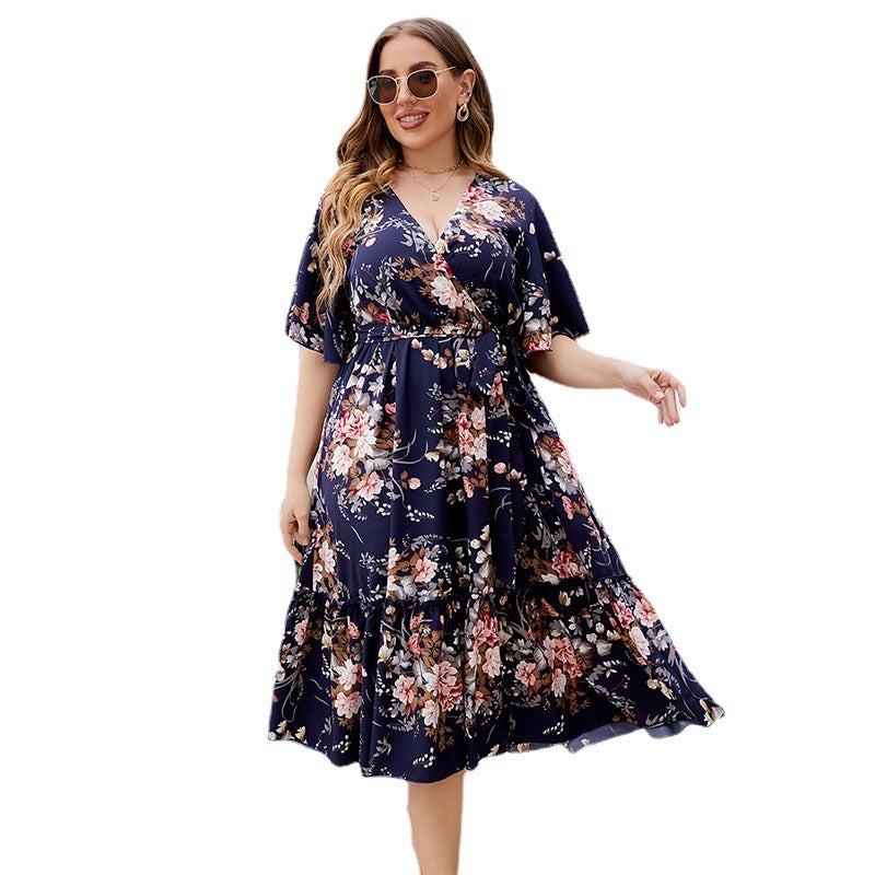 Summer V-neck Dark Blue Print Plus Size Dress