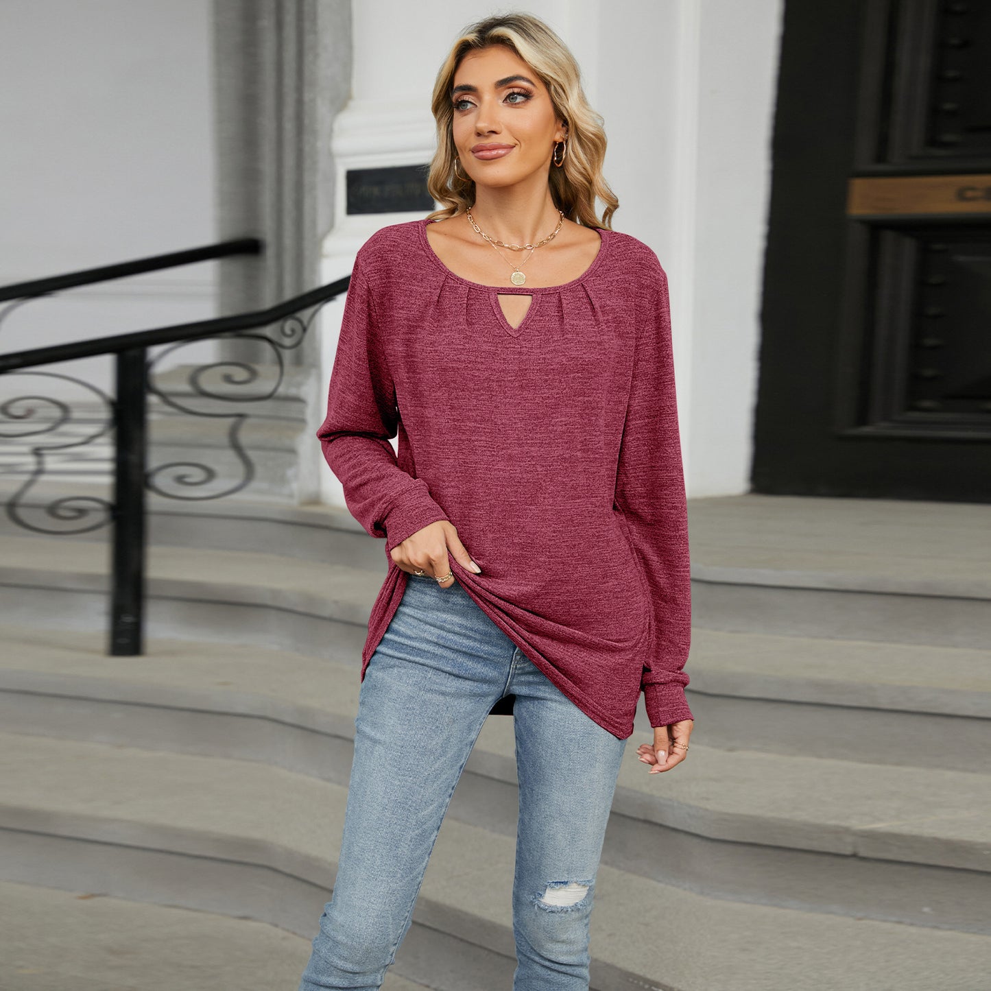 Solid Color Loose Long Sleeves T-shirt Top For Women