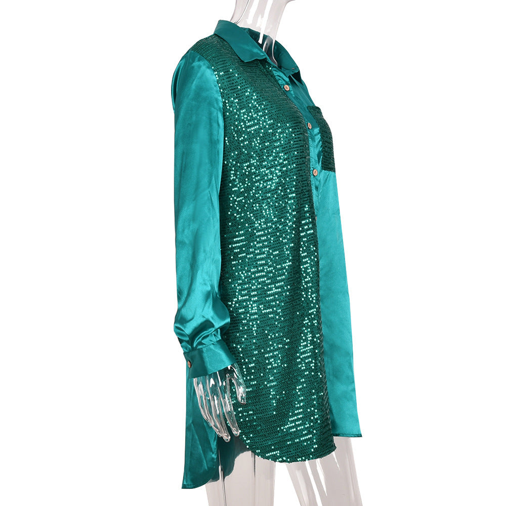 Summer Button Sequin Panel Shirt Dress Women's