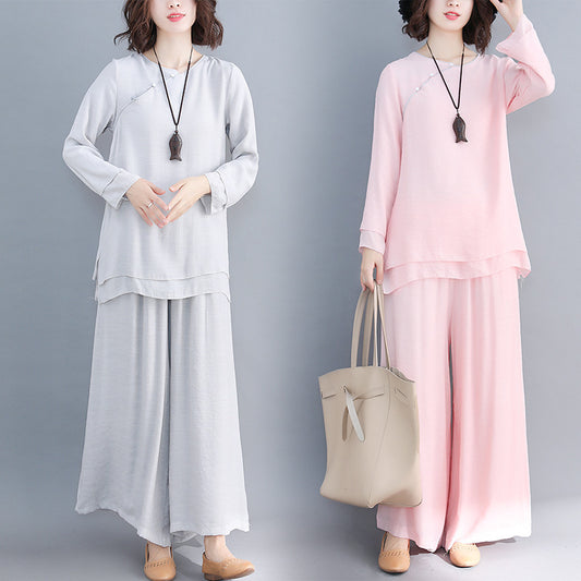 Women's Fashion Loose-fitting Long Sleeves Cotton And Linen Zen Clothes Two-piece Set