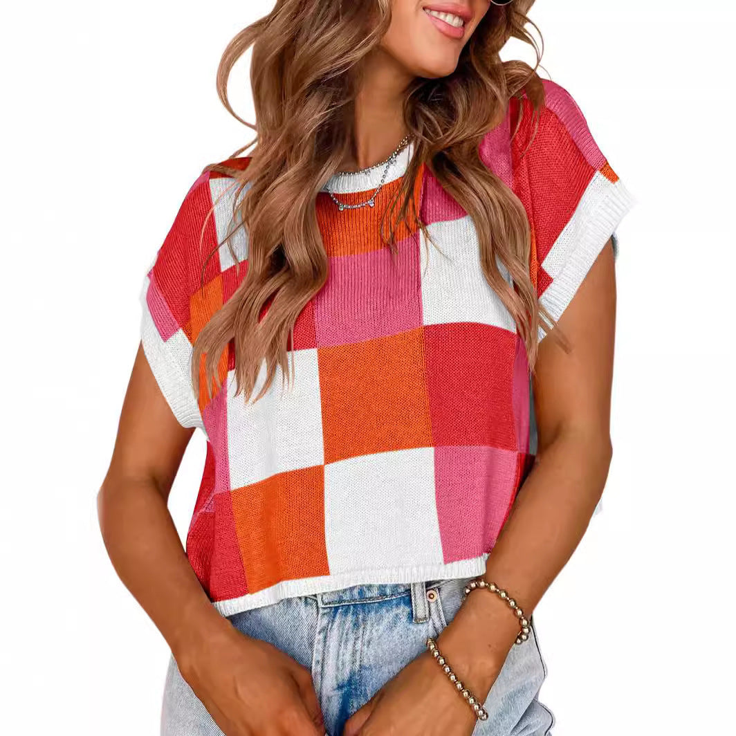 Midriff-baring Short Sleeve Color Block Round Neck Knitted Checkerboard Plaid Sweater