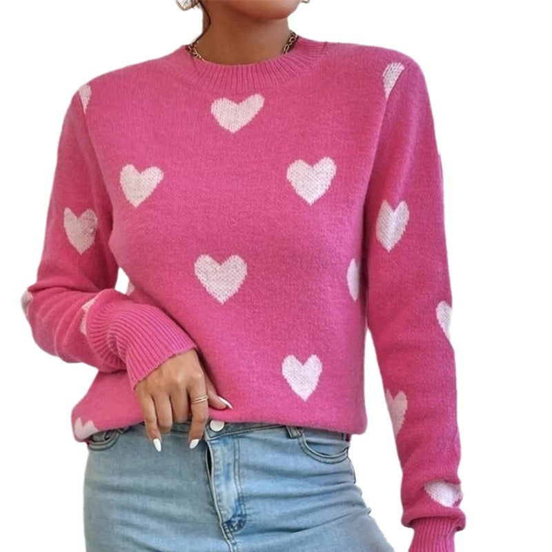 Heart-shaped Pattern Loose Round Neck Knitted Pullover Sweater