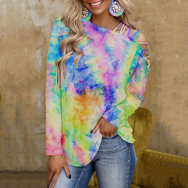 Tie-Dye Printed Long-Sleeved Off-Shoulder Sexy Casual Loose T-Shirt