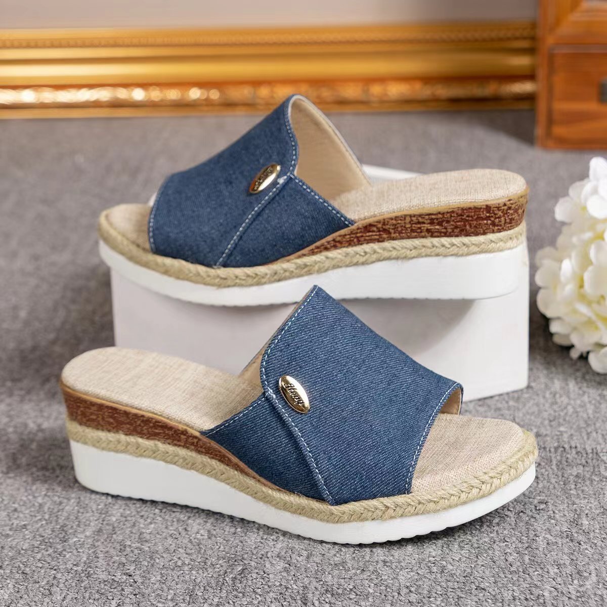 Denim Canvas Wedges Sandals Summer Fashion Hemp High Heel Slippers Outdoor Thick Bottom Fish Mouth Shoes For Women