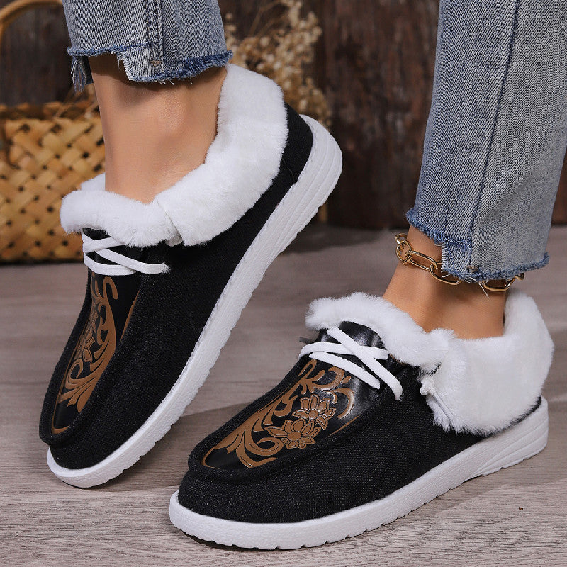 New Round Toe Flower Printed Canvas Flats Shoes Winter Casual Warm Plus Velvet Women's Plush Shoes