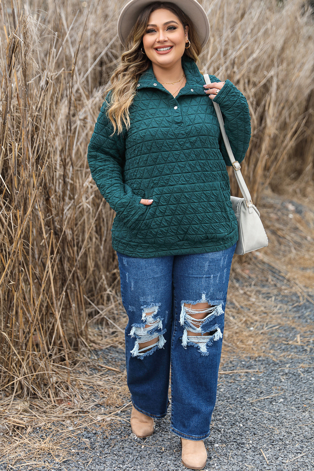 Blackish Green Plus Size Quarter Buttoned Pocketed Quilted Sweatshirt