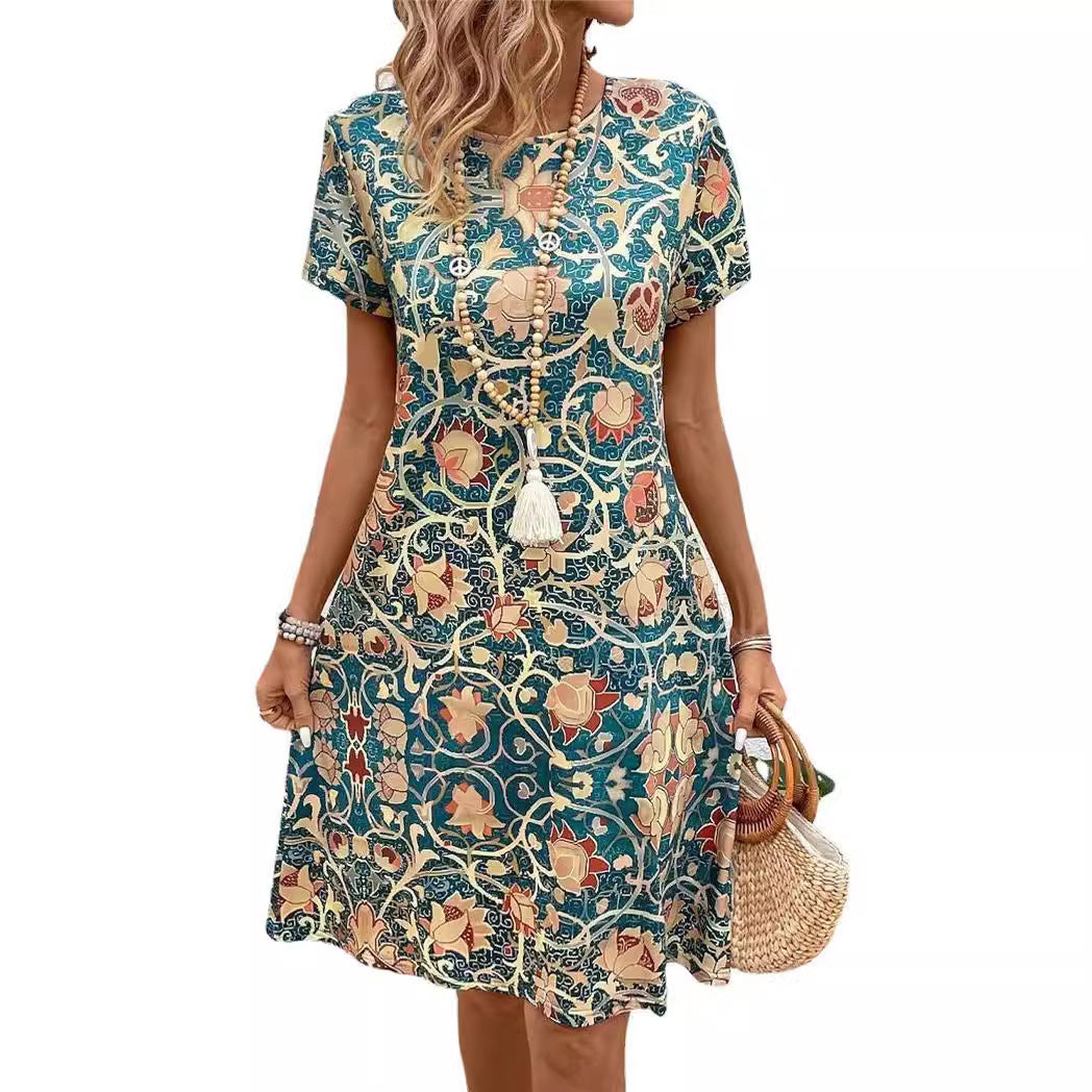 Round Neck Plant Flower Print Loose Casual Dress