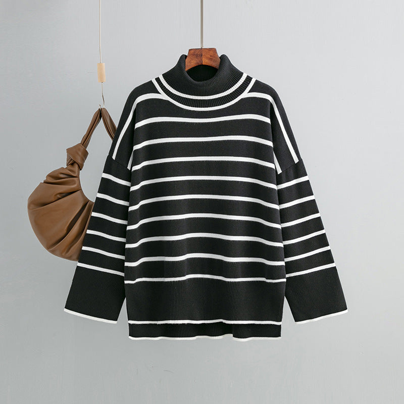 Loose Casual Contrast Color Striped Turtleneck Sweater