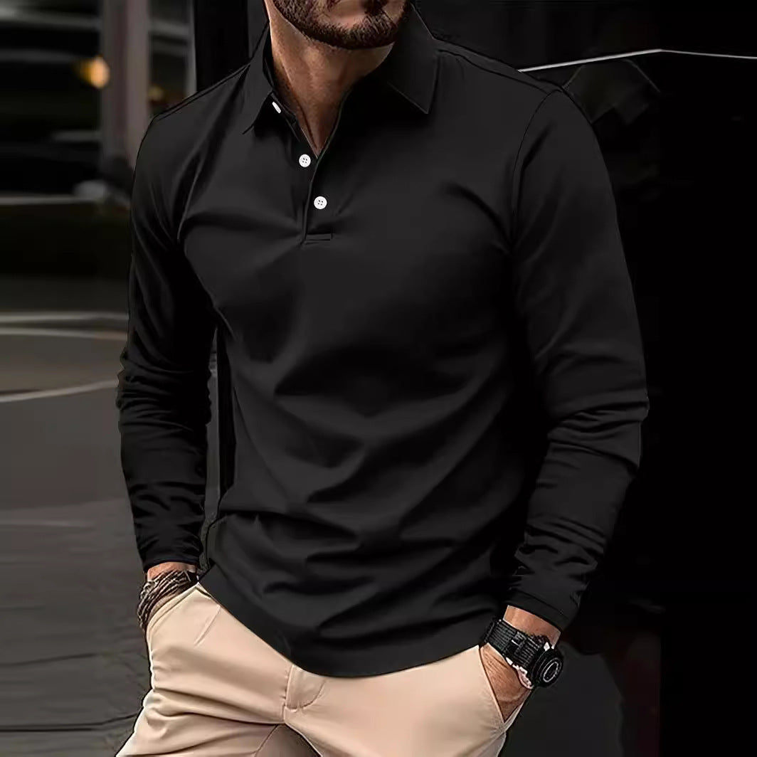 Buckle European And American Men's Daily Casual Polo Collar Long Sleeve Polo Wear