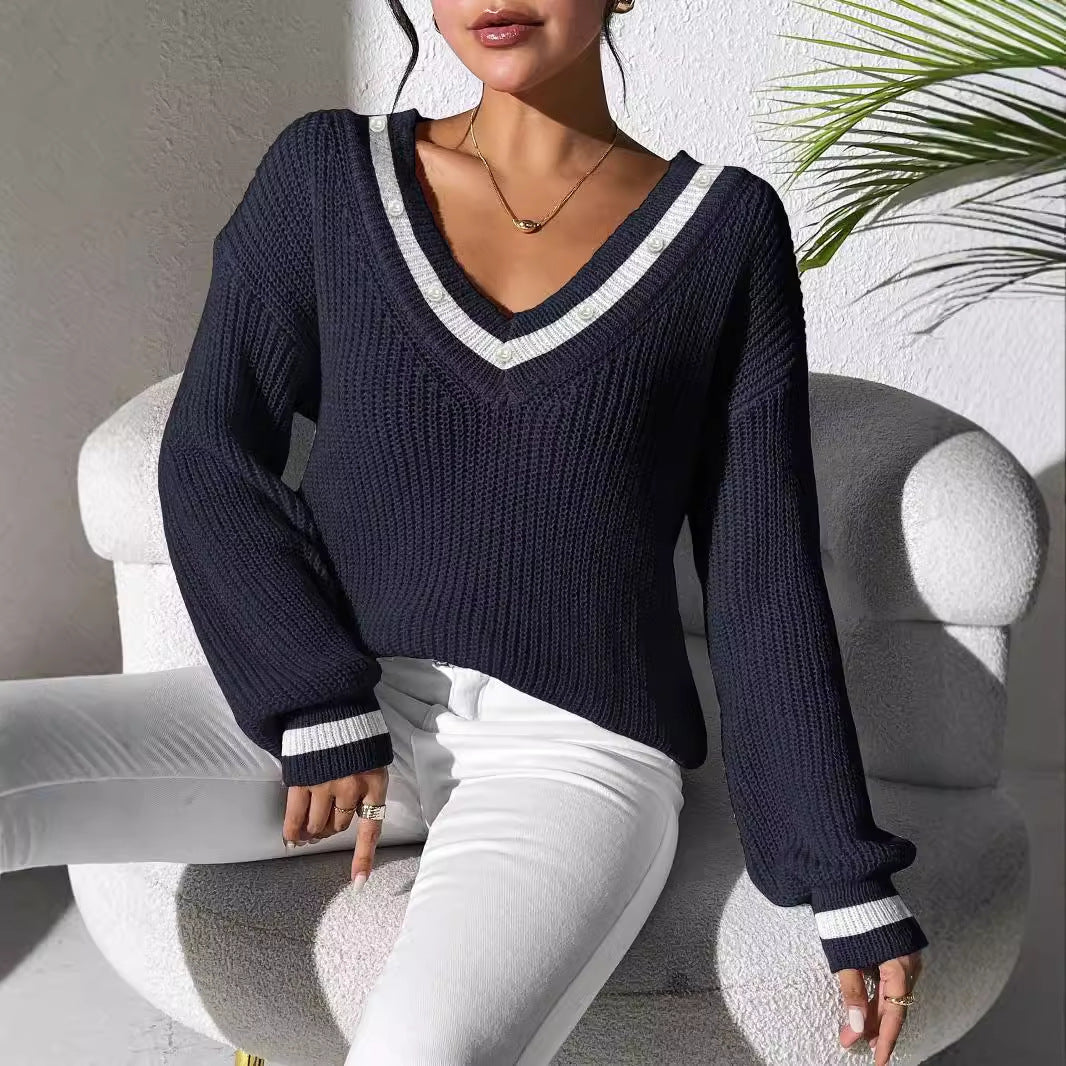 Women's Top Color Contrast Patchwork V-neck Long Sleeve Sweater