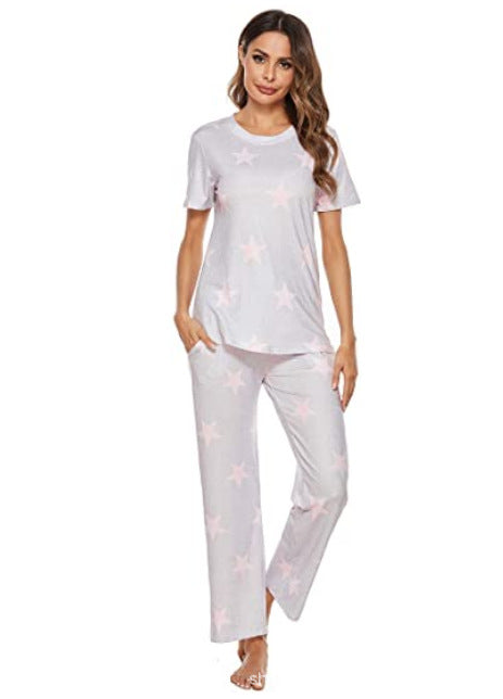 Short Sleeve Round Neck Trousers Star Print Pajamas Suit Women