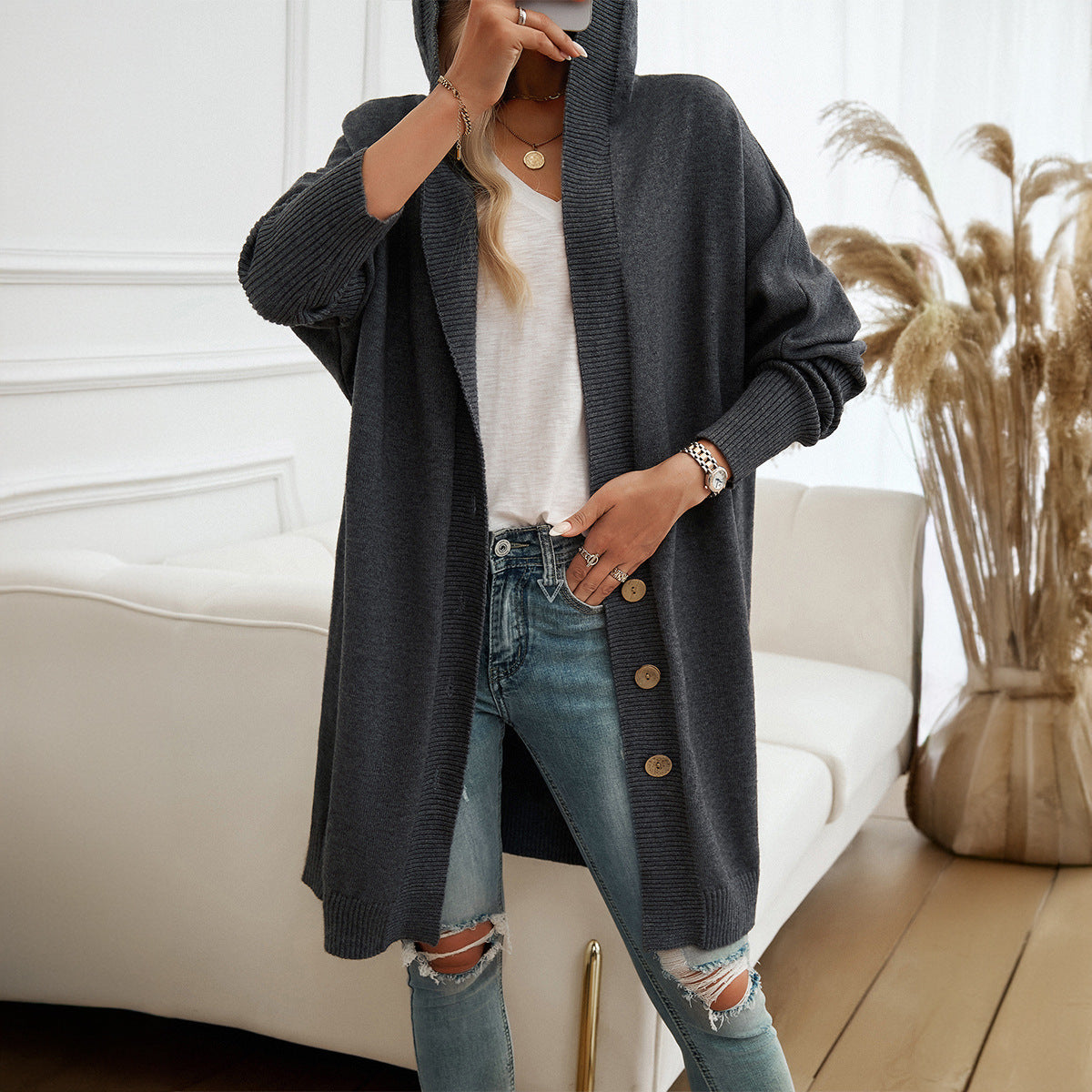 Women's Casual Loose Breasted Hooded Cardigan