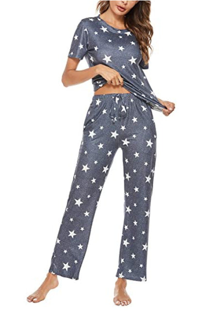 Short Sleeve Round Neck Trousers Star Print Pajamas Suit Women