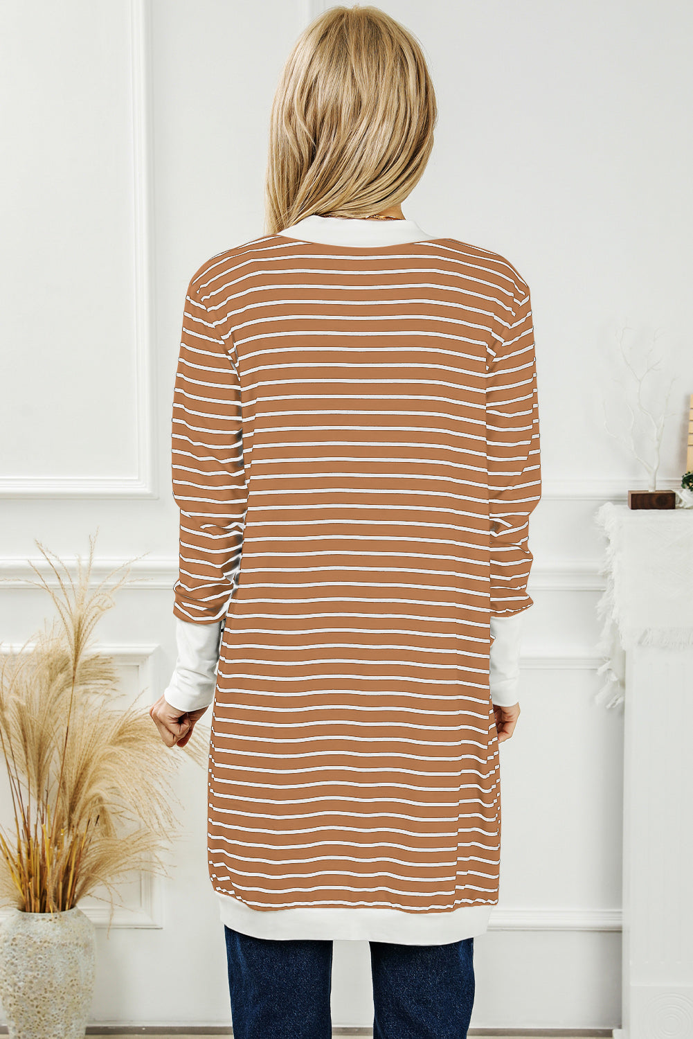 Brown Striped Side Pockets Open Front Cardigan