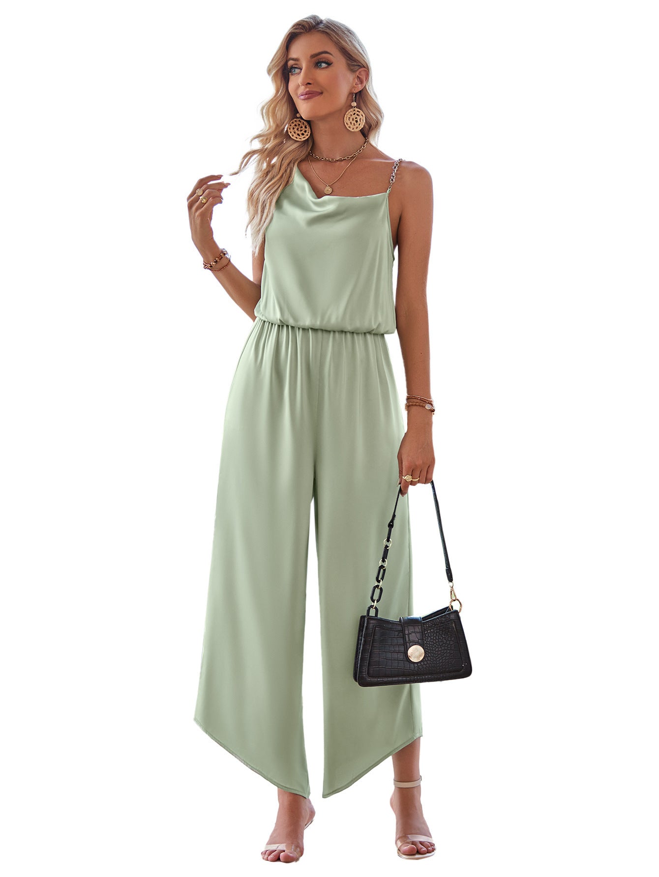 Fashion Casual Solid Color Suspender Waist Wide Leg Jumpsuit