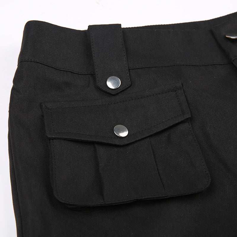 High Street Pocket Ribbon Stitching Straight Black Woven Pants
