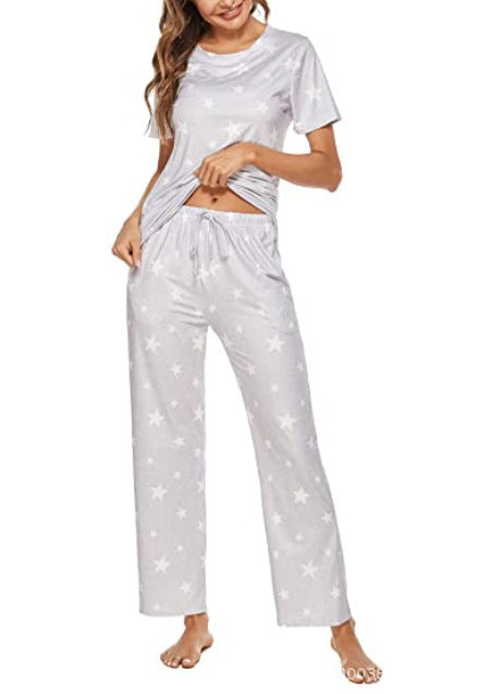 Short Sleeve Round Neck Trousers Star Print Pajamas Suit Women