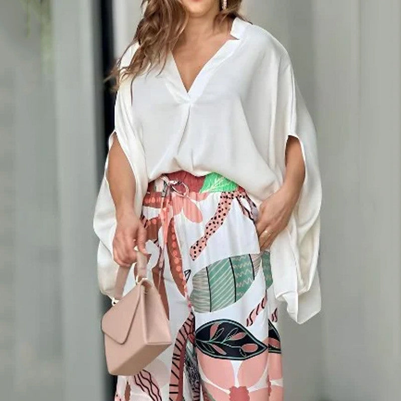 V-neck Batwing Sleeve Fashion Printed High Waist Wide Leg Pants Suit