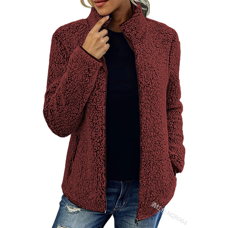 Stand Collar Solid Color Top Sweater Women's Casual Fashion Long Sleeve Zipper Bubble Velvet Coat