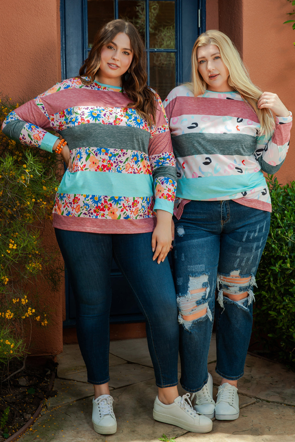 Pink Stripe Plus Size Colorblock Pullover Top