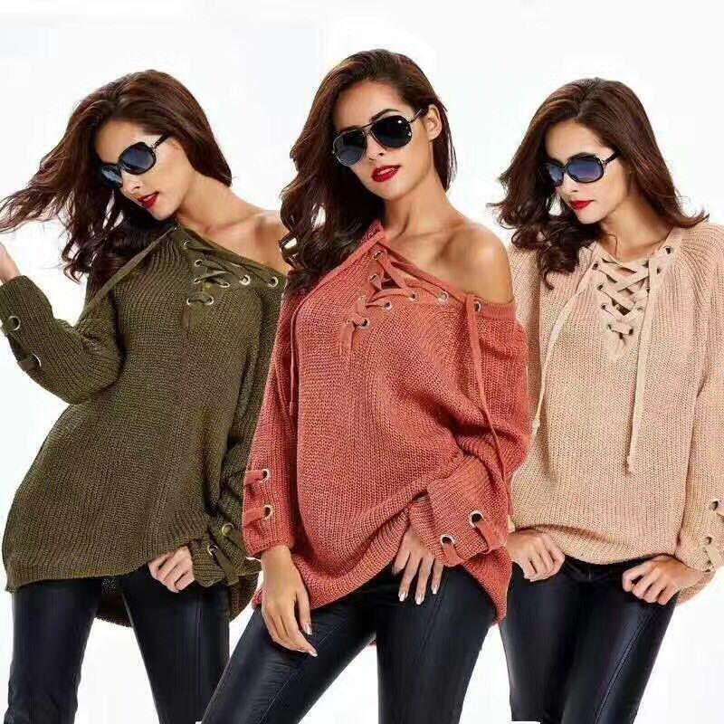 Women Sweater woman Sweaters V Neck Mesh Lace Up Sweater Striped Bandage Cross Links Tops Casual Loose Jumper