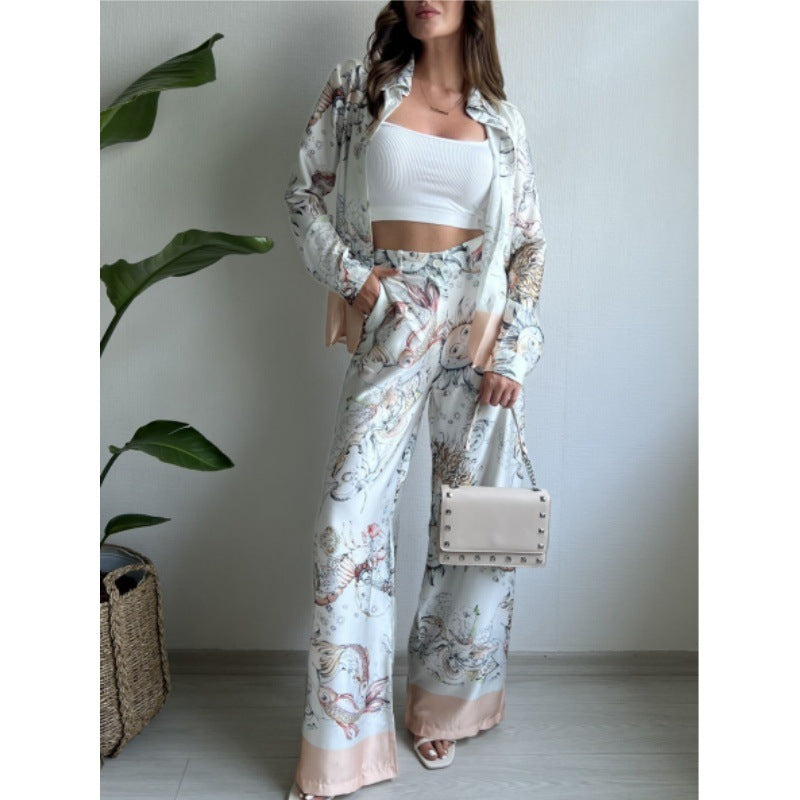 Printed Long-sleeved Top Wide Leg Pants Two-piece Set